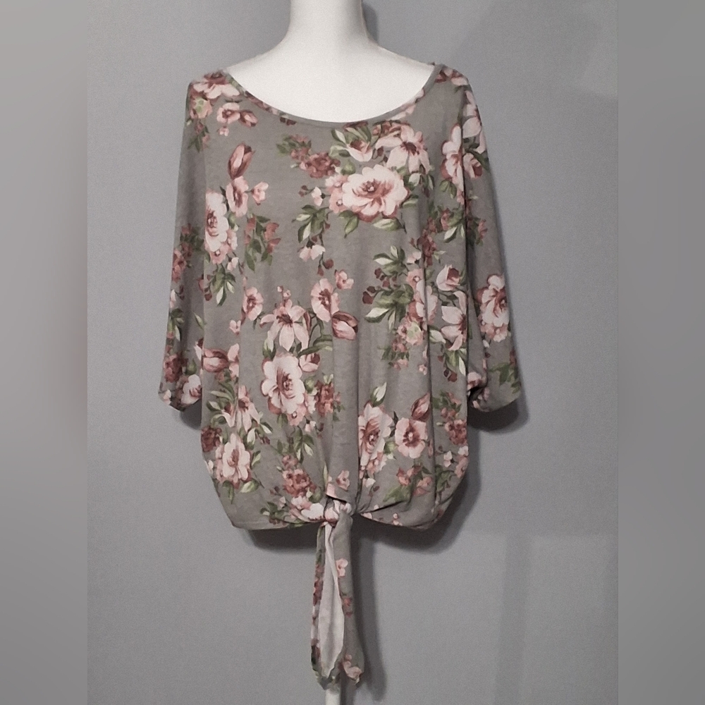 Easel Gray Tie Front Blouse